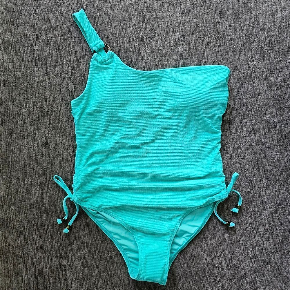 Maree Maree woman's green one shoulder asymmetrical O strap swimsuit size 14
